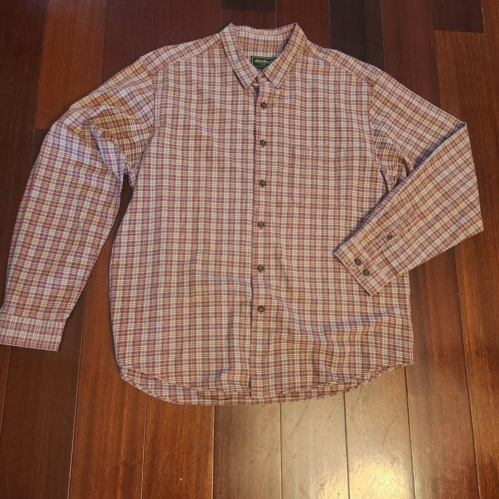 Eddie Bauer Mens XL Long Sleeve Plaid Button Down Shirt Red White Blue Cotton